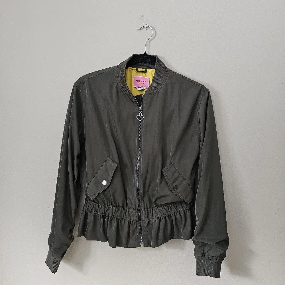 Kate Spade Twill Flounce Bomber Olive Green Jacket